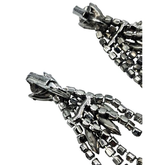 Vintage Weiss Rhinestone Earrings Long Dangle Layered Clip-On Earrings Signed Je - Picture 2 of 6